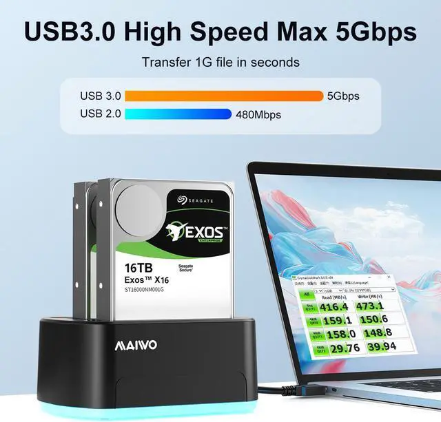 Alt view image 3 of 7 - MAIWO Dual Bay Hard Drive Docking Station for SATA 2.5/3.5inch with offline Clone, USB3.0 SATA HDD SSD Duplicator with RGB LED Lights, Supports UASP, up to 32TB Capacity