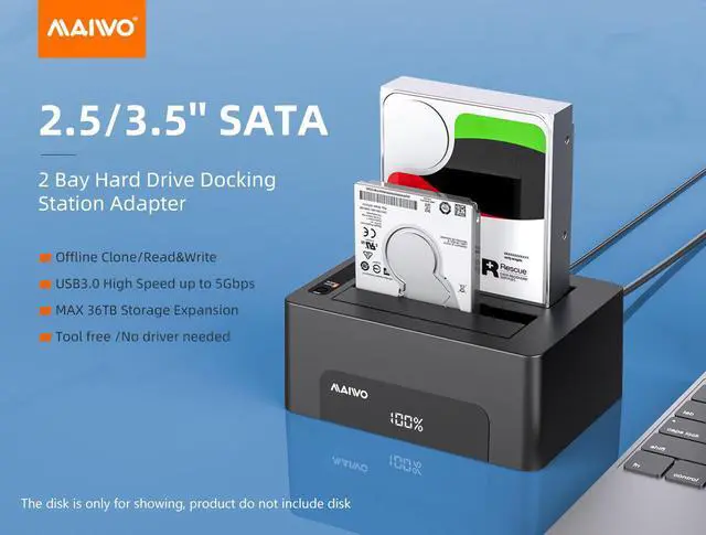 Alt view image 2 of 7 - MAIWO Dual Bay Docking Station for SATA 2.5/3.5inch Hard Drive with offline Cloning Duplicator, USB3.0 SATA HDD SSD Enclosure, Supports UASP, up to 32TB Capacity, SATA Hard Drive Dock/Adapter/Reader