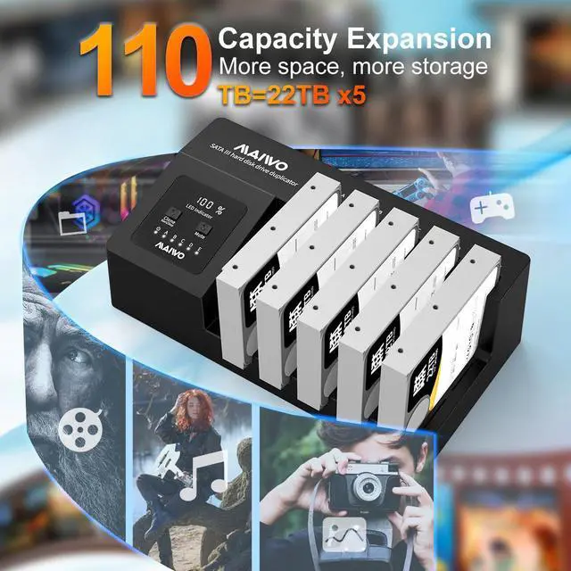 Alt view image 3 of 7 - MAIWO SATA 5 Bay Hard Drive Duplicator Docking Station for 2.5'' 3.5'' HDD/SSD with Offline Clone, USB 3.1 Type C, Support SATA III II I, Max 5X 22 TB, w/ Built-in Cooling Fan