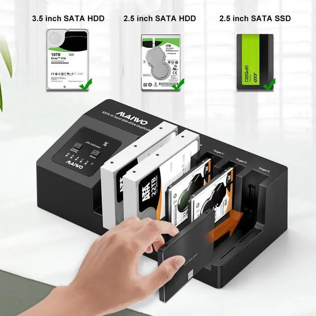 Alt view image 2 of 7 - MAIWO SATA 5 Bay Hard Drive Duplicator Docking Station for 2.5'' 3.5'' HDD/SSD with Offline Clone, USB 3.1 Type C, Support SATA III II I, Max 5X 22 TB, w/ Built-in Cooling Fan