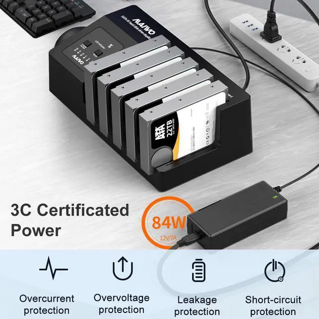 Alt view image 7 of 7 - MAIWO SATA 5 Bay Hard Drive Duplicator Docking Station for 2.5'' 3.5'' HDD/SSD with Offline Clone, USB 3.1 Type C, Support SATA III II I, Max 5X 22 TB, w/ Built-in Cooling Fan