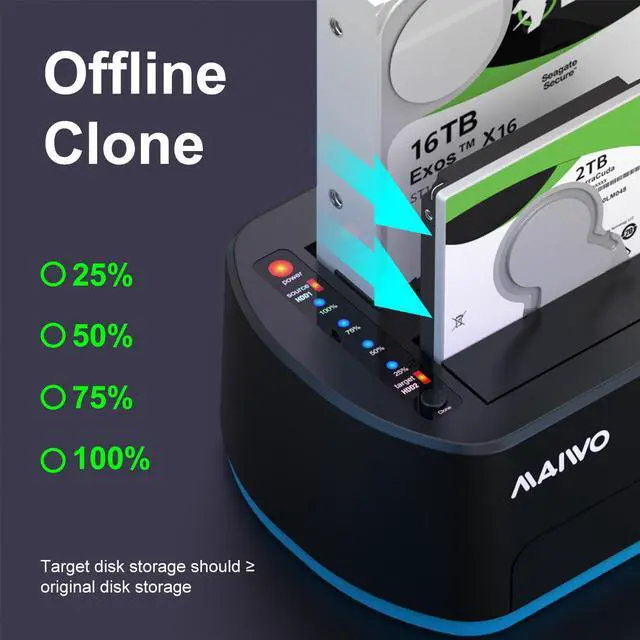 Alt view image 5 of 7 - MAIWO Dual Bay Hard Drive Docking Station for SATA 2.5/3.5inch with offline Clone, USB3.0 SATA HDD SSD Duplicator with RGB LED Lights, Supports UASP, up to 32TB Capacity