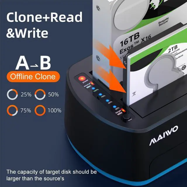 Alt view image 4 of 7 - MAIWO Dual Bay Hard Drive Docking Station for SATA 2.5/3.5inch with offline Clone, USB3.0 SATA HDD SSD Duplicator with RGB LED Lights, Supports UASP, up to 32TB Capacity