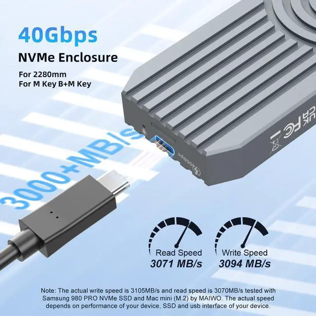 Alt view image 2 of 7 - MAIWO 40Gbps NVME Enclosure with Fan, Tool-Free Type C M.2 SSD Enclosure for M1 M2 Pro/Max, Compatible with Thurderbolt4.0&USB4/3.2/3.1, 8TB Storage Expansion