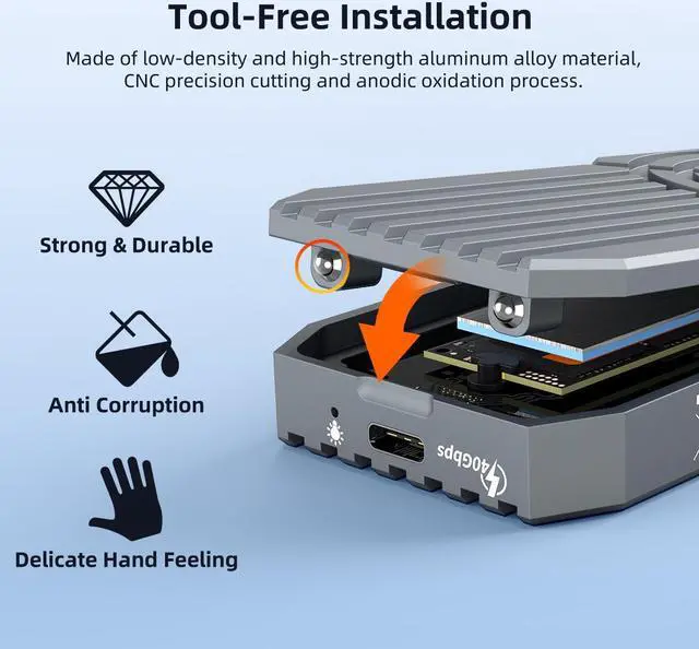 Alt view image 4 of 7 - MAIWO 40Gbps NVME Enclosure with Fan, Tool-Free Type C M.2 SSD Enclosure for M1 M2 Pro/Max, Compatible with Thurderbolt4.0&USB4/3.2/3.1, 8TB Storage Expansion