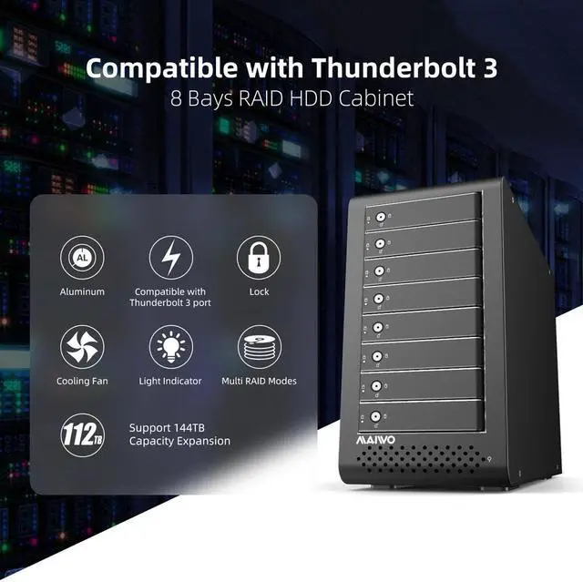 Alt view image 2 of 7 - MAIWO 8 Bay Thunderbolt 3 Raid Enclosure for 2.5" 3.5" SATA SAS Hard Drive with Dual Thunderbolt 3 Ports, Max 144TB Capacity, RAID 0 1 5 JBOD with Cooling Fans