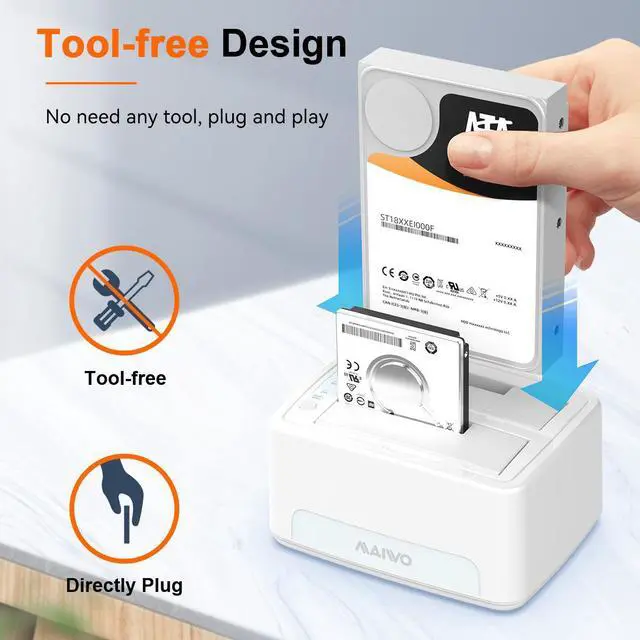 Alt view image 4 of 7 - MAIWO Dual Bay Hard Drive Docking Station with Offline Clone, SATA Cloner Dock for 2.5 and 3.5 inch HDDs and SSDs, 40TB Expansion,UASP Supported,White
