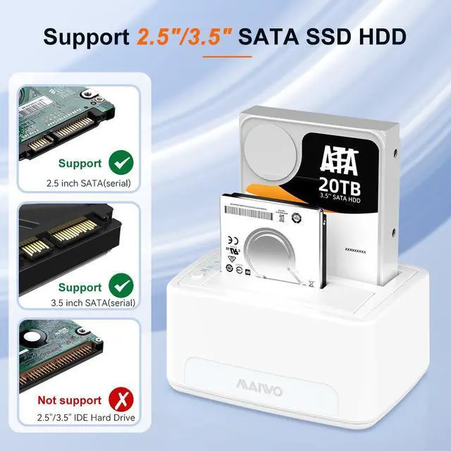 Alt view image 3 of 7 - MAIWO Dual Bay Hard Drive Docking Station with Offline Clone, SATA Cloner Dock for 2.5 and 3.5 inch HDDs and SSDs, 40TB Expansion,UASP Supported,White