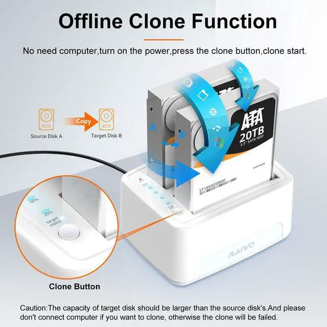 Alt view image 2 of 7 - MAIWO Dual Bay Hard Drive Docking Station with Offline Clone, SATA Cloner Dock for 2.5 and 3.5 inch HDDs and SSDs, 40TB Expansion,UASP Supported,White