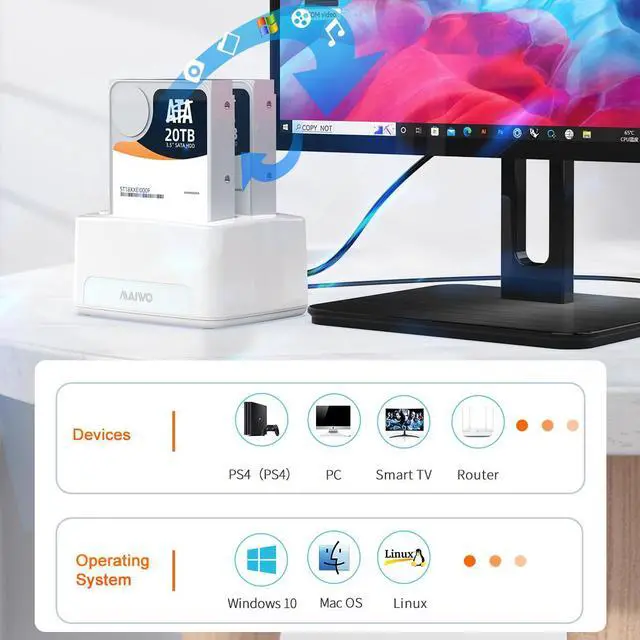 Alt view image 5 of 7 - MAIWO Dual Bay Hard Drive Docking Station with Offline Clone, SATA Cloner Dock for 2.5 and 3.5 inch HDDs and SSDs, 40TB Expansion,UASP Supported,White