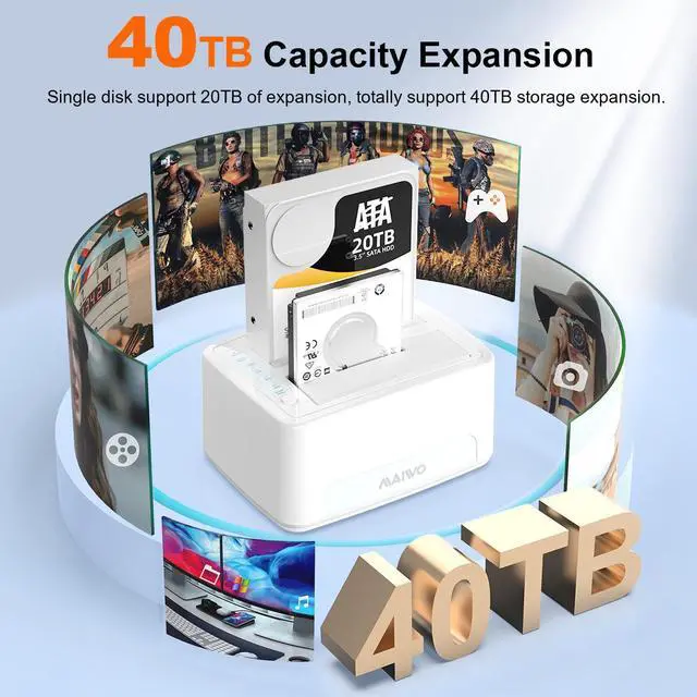 Alt view image 7 of 7 - MAIWO Dual Bay Hard Drive Docking Station with Offline Clone, SATA Cloner Dock for 2.5 and 3.5 inch HDDs and SSDs, 40TB Expansion,UASP Supported,White