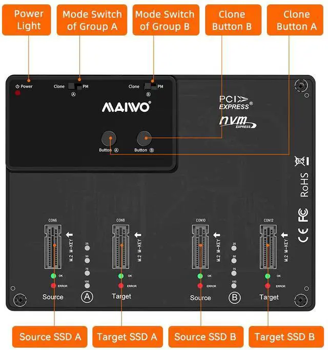 Alt view image 3 of 7 - MAIWO 4 Bay NVME M.2 Docking Station Duplicator, NVME PCIe M.2 Drive to USB3.1 GEN2 Adapter Cloner, Up to 10Gbps, 8TB Capacity, Support Two Group Clone Independently