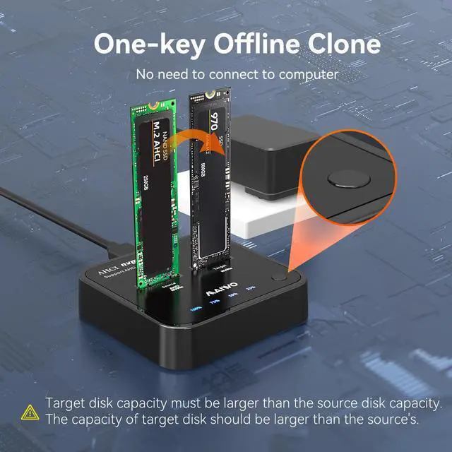 Alt view image 2 of 7 - MAIWO Dual Bay M.2 NVMe to AHCI SSD Dock / Cloner, USB3.1 gen2 20Gbps M.2 Duplicator for NVMe/AHCI SSD, 2*4TB Expansion Capacity, Support Read&Write&Clone for 2242/2260/2280/22110 SSD