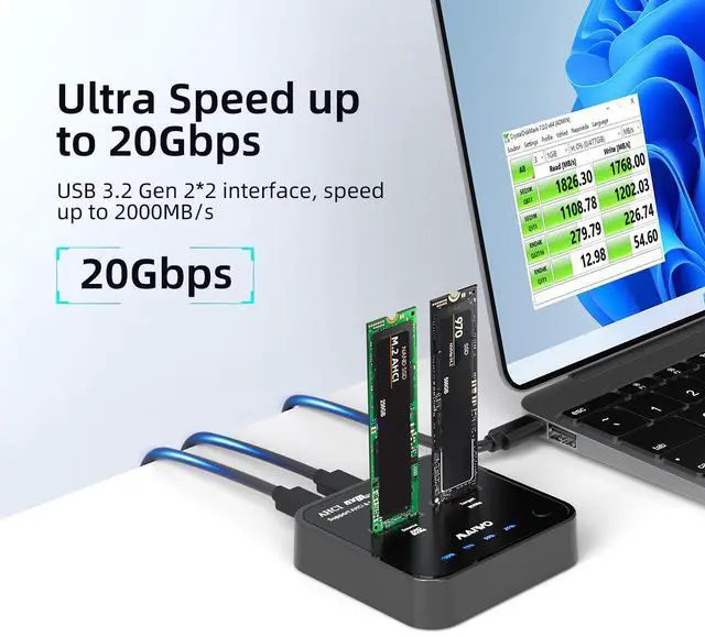 Alt view image 4 of 7 - MAIWO Dual Bay M.2 NVMe to AHCI SSD Dock / Cloner, USB3.1 gen2 20Gbps M.2 Duplicator for NVMe/AHCI SSD, 2*4TB Expansion Capacity, Support Read&Write&Clone for 2242/2260/2280/22110 SSD