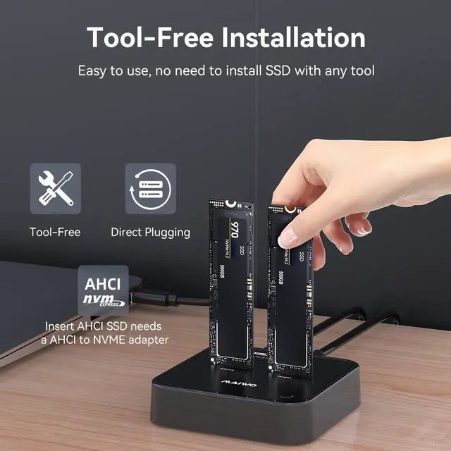 Alt view image 7 of 7 - MAIWO Dual Bay M.2 NVMe to AHCI SSD Dock / Cloner, USB3.1 gen2 20Gbps M.2 Duplicator for NVMe/AHCI SSD, 2*4TB Expansion Capacity, Support Read&Write&Clone for 2242/2260/2280/22110 SSD