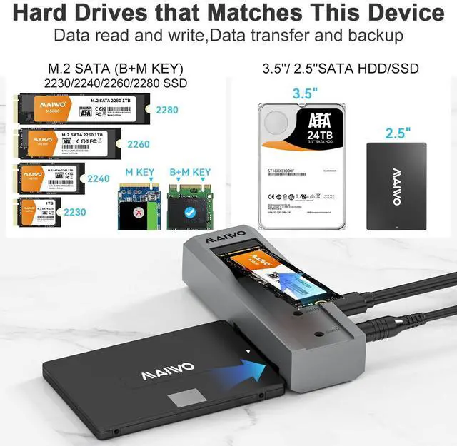 Alt view image 2 of 7 - MAIWO M.2 SATA to 2.5'' 3.5''SATA Enclosure with Offline Clone, M.2 B+M Key to 3.5inch HDD Cloner, USB-C Type-C Max 5Gbps Standalone Clone Duplicator