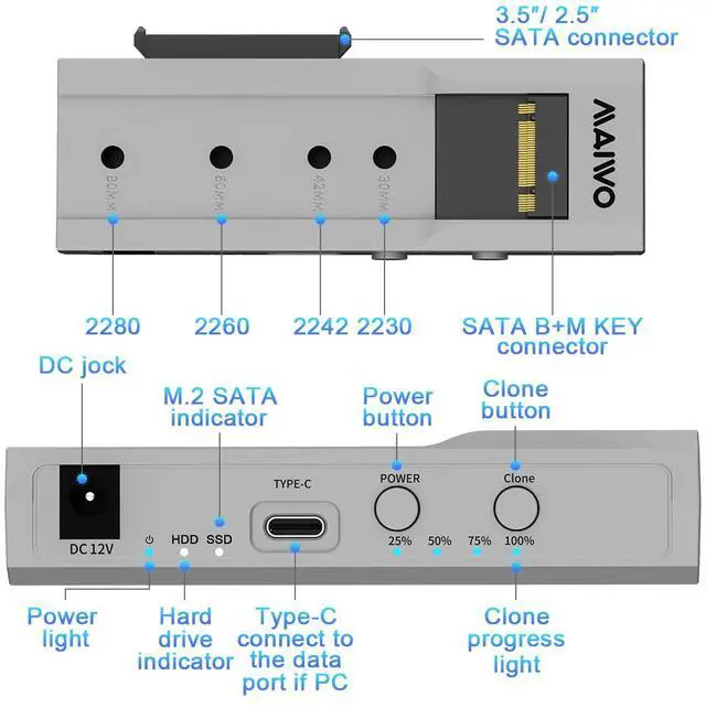 Alt view image 6 of 7 - MAIWO M.2 SATA to 2.5'' 3.5''SATA Enclosure with Offline Clone, M.2 B+M Key to 3.5inch HDD Cloner, USB-C Type-C Max 5Gbps Standalone Clone Duplicator