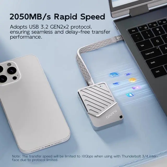 Alt view image 2 of 6 - MAIWO Magnetic Portable SSD 2TB External Solid State Drive, USB 3.2 GEN 2 Type-C Up to 2000MB/s, Mini PSSD Supports 4K Videos ProRes for iPhone MacBook Pro macMini PS5, Aluminum(Silver, 2TB)