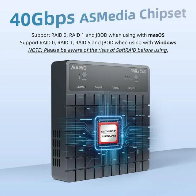 Alt view image 7 of 7 - MAIWO 4 Bay M.2 NVMe SSD Enclosure with USB4 Port with SoftRAID with Cooling Fan, Support 1-to-3 Offline Clone, 40Gbps High Speed, Backward Compatible Thunderbolt 4/3