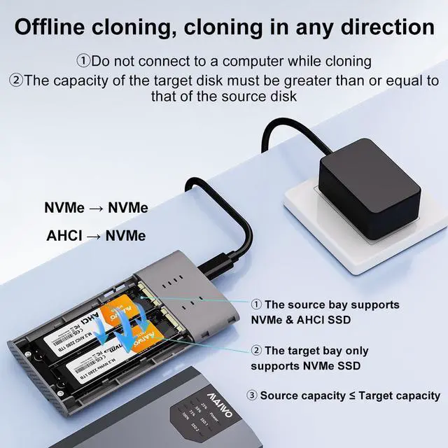Alt view image 2 of 7 - MAIWO Dual NVMe Clone SSD Enclosure, USB3.2 GEN2X2 10Gbps,Support AHCI to NVMe Clone, M.2 Duplicator Cloner for SSDs Sizes 2230/2242/2260/2280 with Indicator Light