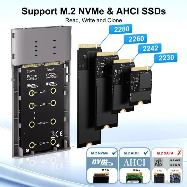 Alt view image 4 of 7 - MAIWO Dual NVMe Clone SSD Enclosure, USB3.2 GEN2X2 10Gbps,Support AHCI to NVMe Clone, M.2 Duplicator Cloner for SSDs Sizes 2230/2242/2260/2280 with Indicator Light