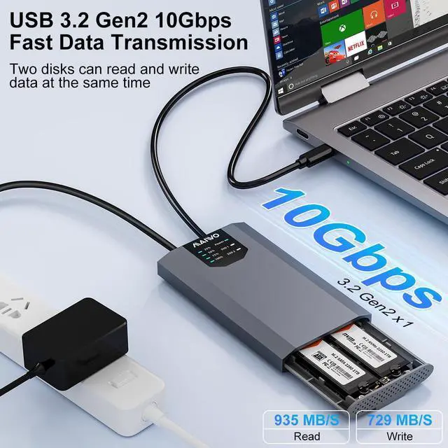 Alt view image 2 of 7 - MAIWO Dual-Bay M.2 SSD Enclosure Cloner for NVMe & SATA, USB3.2 GEN2X2 10Gbps M.2 Offline Duplicator Supports SATA to NVMe and NVMe to SATA, Dual M.2 Enclosure for SSDs Sizes 2230/2242/2260/2280