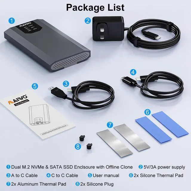 Alt view image 6 of 7 - MAIWO Dual-Bay M.2 SSD Enclosure Cloner for NVMe & SATA, USB3.2 GEN2X2 10Gbps M.2 Offline Duplicator Supports SATA to NVMe and NVMe to SATA, Dual M.2 Enclosure for SSDs Sizes 2230/2242/2260/2280