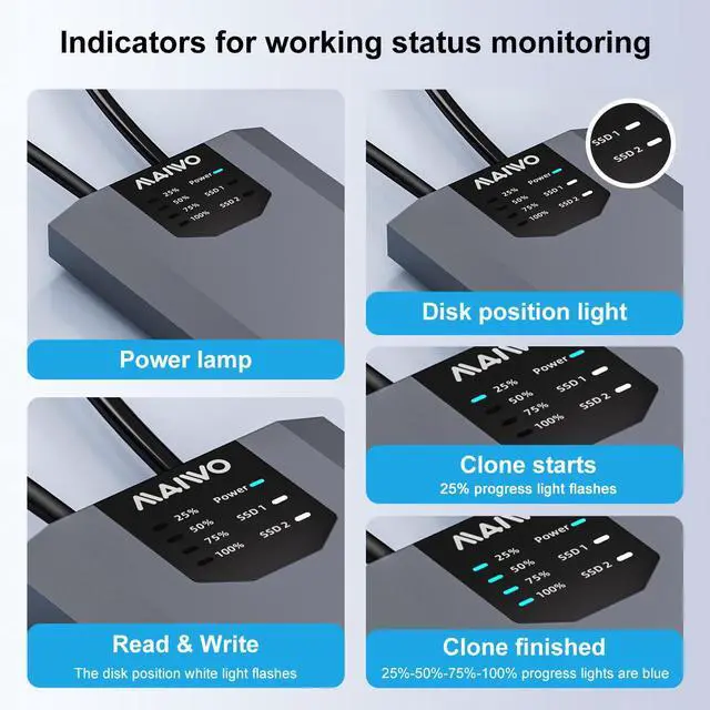 Alt view image 7 of 7 - MAIWO Dual-Bay M.2 SSD Enclosure Cloner for NVMe & SATA, USB3.2 GEN2X2 10Gbps M.2 Offline Duplicator Supports SATA to NVMe and NVMe to SATA, Dual M.2 Enclosure for SSDs Sizes 2230/2242/2260/2280