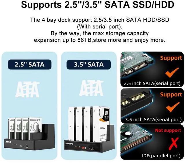 Alt view image 3 of 6 - MAIWO 4 Bay Hard Drive Docking Station with Offline Cloning, External Hard Drive Duplicator for 2.5'' 3.5'' SATA SSD HDD with LED Indicator, 96TB Expansion, USB3.0/eSATA Port Connecting