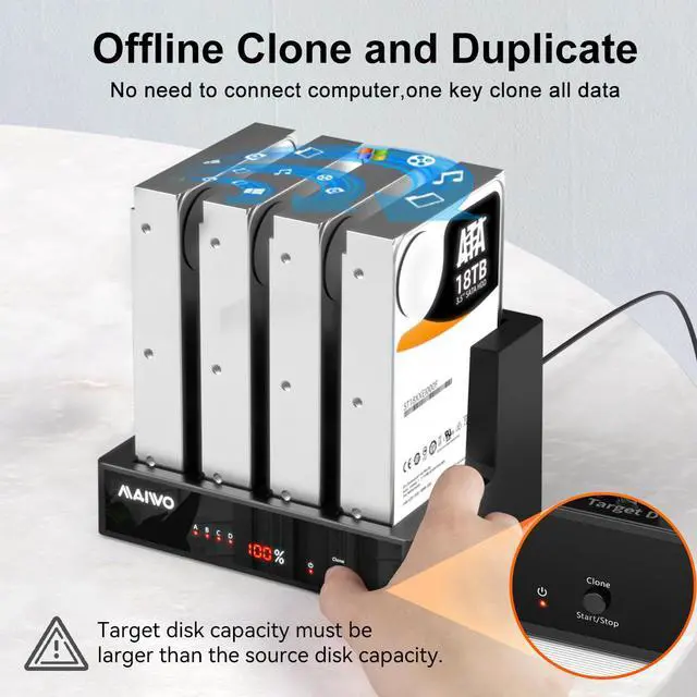 Alt view image 2 of 6 - MAIWO 4 Bay Hard Drive Docking Station with Offline Cloning, External Hard Drive Duplicator for 2.5'' 3.5'' SATA SSD HDD with LED Indicator, 96TB Expansion, USB3.0/eSATA Port Connecting