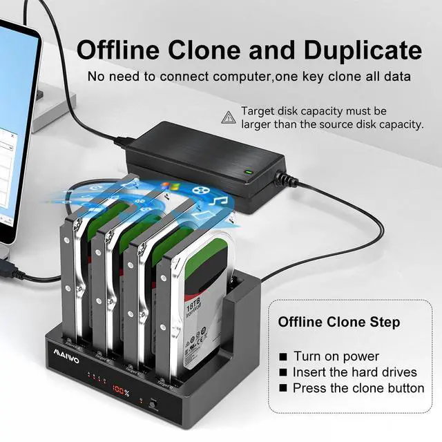 Alt view image 6 of 6 - MAIWO 4 Bay Hard Drive Docking Station with Offline Cloning, External Hard Drive Duplicator for 2.5'' 3.5'' SATA SSD HDD with LED Indicator, 96TB Expansion, USB3.0/eSATA Port Connecting