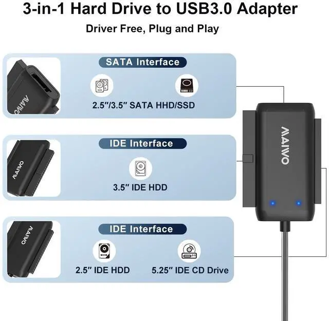 Alt view image 2 of 7 - MAIWO SATA IDE to USB 3.0 Adapter Cable, External Hard Drive Reader Converter for Universal 2.5/3.5 Inch IDE/SATA HDD/SSD and 5.25 inch DVD/CD-ROM Drive, 12V/2A Power Adapter