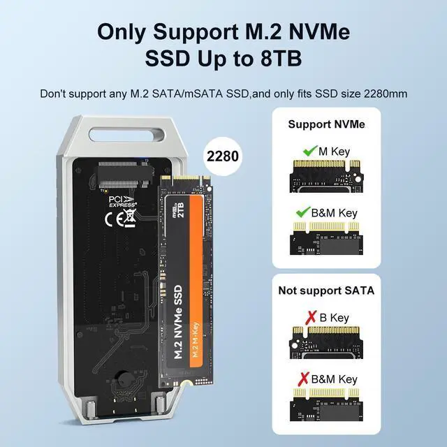 Alt view image 2 of 7 - MAIWO USB4.0 40Gbps NVMe SSD Enclosure for M1 M2 Pro/Max, Compatible with Thunderbolt 4/3 USB4.0/3.2/3.1/3.0/2.0, 8TB Capacity, Support M.2 NVMe M-Key M+B-Key 2280mm, Tool Free Case, Silver