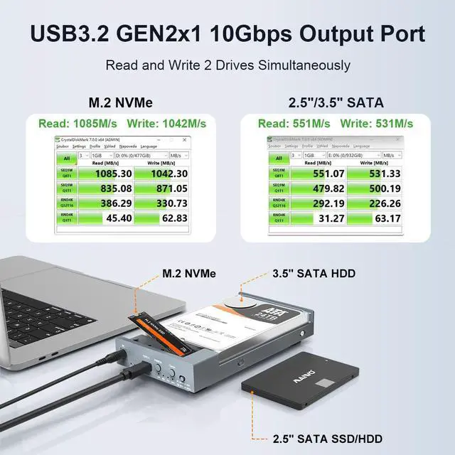 Alt view image 4 of 6 - MAIWO USB C Docking Station for M.2 PCIe NVMe + 2.5 3.5 Inch SATA SSD/HDD with Offline Clone, Clone HDD to NVMe SSD, USB 3.2 GEN 2 10Gbps External Hard Drive Enclosure, Silver