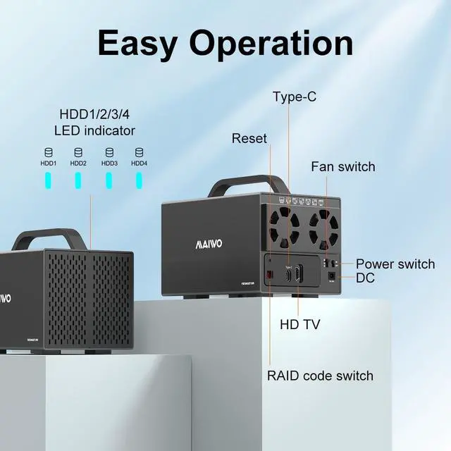 Alt view image 4 of 6 - MAIWO 4 Bay RAID Enclosure for 3.5 inch SATA Hard Drive with Two Fans, Support UASP 4K HDTV, 64TB USB3.1 Type-C 5Gbps Speed, RAID 0/1/3/5/10 Clone Large Normal