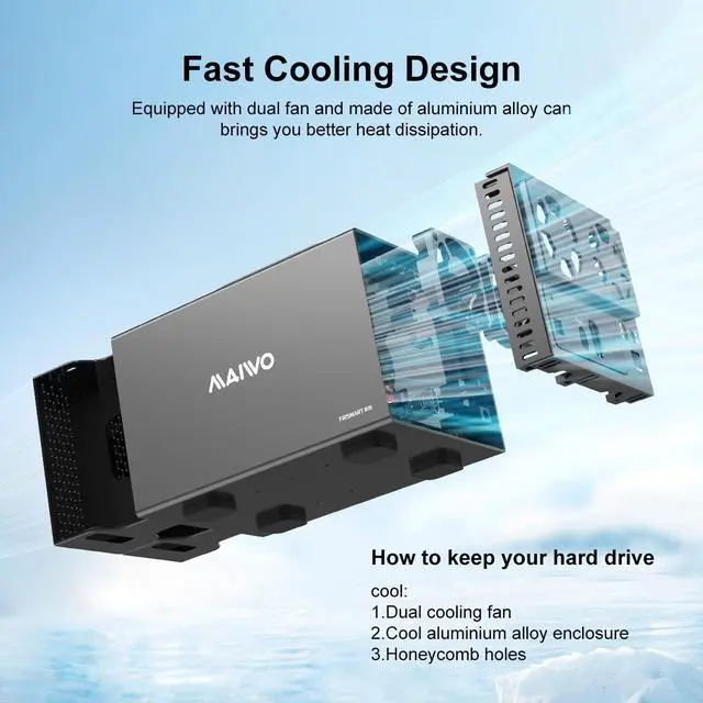 Alt view image 3 of 6 - MAIWO 4 Bay RAID Enclosure for 3.5 inch SATA Hard Drive with Two Fans, Support UASP 4K HDTV, 64TB USB3.1 Type-C 5Gbps Speed, RAID 0/1/3/5/10 Clone Large Normal