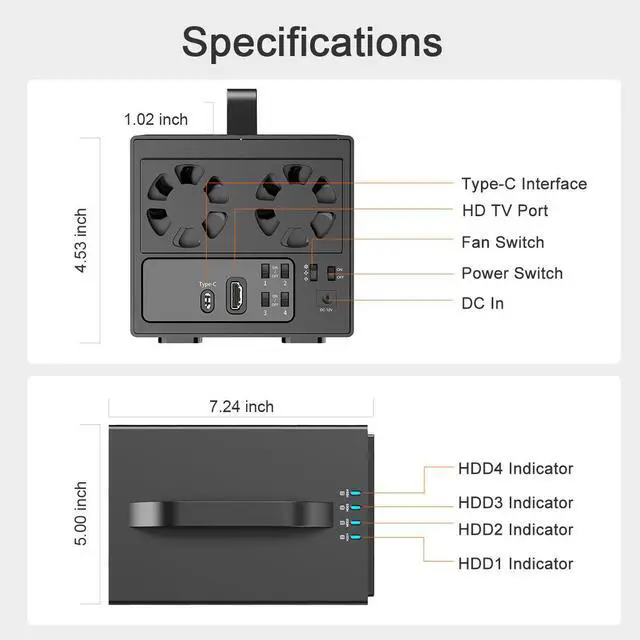 Alt view image 3 of 7 - MAIWO 4 Bay Hard Drive Enclosure with Two Fans, SATA HDD Enclosure with 4K HDTV Port, 88TB Expansion,Independent Hard Drive Power Switch