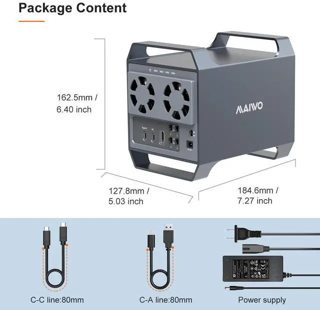 Alt view image 7 of 7 - MAIWO 4 Bay Hard Drive Enclosure with USB-C & 10 Gbps Speed, 4-Bay DAS Design for 3.5 SATA HDDs with 2 Cooling Fans, USB3.1 HDD Enclosure Daisy Chain Expansion, DAS(NO RAID)