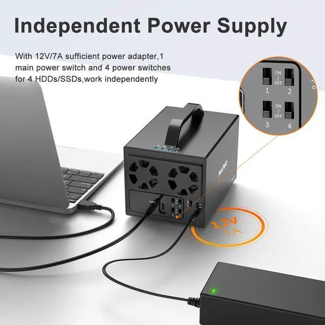 Alt view image 6 of 7 - MAIWO 4 Bay Hard Drive Enclosure with Two Fans, SATA HDD Enclosure with 4K HDTV Port, 88TB Expansion,Independent Hard Drive Power Switch
