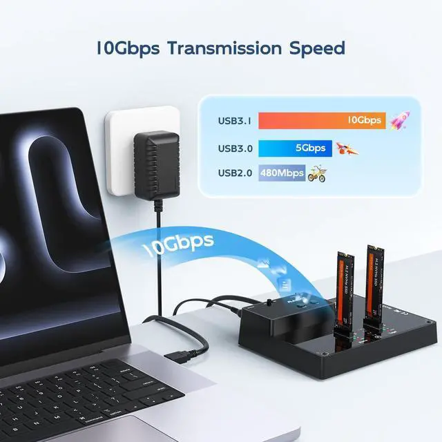 Alt view image 4 of 7 - MAIWO Dual Bay NVMe Docking Station, M.2 Duplicator with NVMe Clone(Max 10Gbps),M.2 Dock with Power Switch,Compatible with Windows, mac OS, Linux