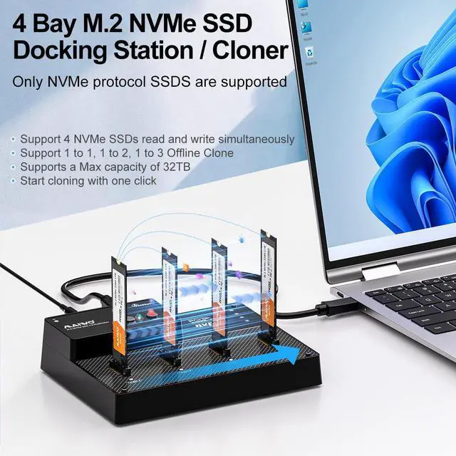 Alt view image 2 of 7 - MAIWO 4 Bay M.2 NVMe SSD Dock with Cooling Fan, USB4.0 NVMe Cloner Duplicator, Supports 1-to-3 Offline Clone & Software RAID,40Gbps High Speed, Backward Compatible with Thunderbolt 4/3