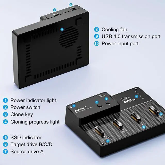 Alt view image 7 of 7 - MAIWO 4 Bay M.2 NVMe SSD Dock with Cooling Fan, USB4.0 NVMe Cloner Duplicator, Supports 1-to-3 Offline Clone & Software RAID,40Gbps High Speed, Backward Compatible with Thunderbolt 4/3