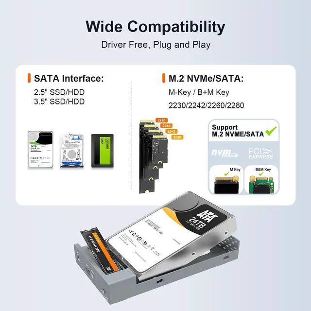 Alt view image 3 of 6 - MAIWO Dual Bay Enclosure for M.2 NVMe SATA SSD and 2.5 3.5 inch SATA SSD HDD, External Hard Drive to USB C Adapter, 10Gbps 32TB CapacityDO NOT Support Clone