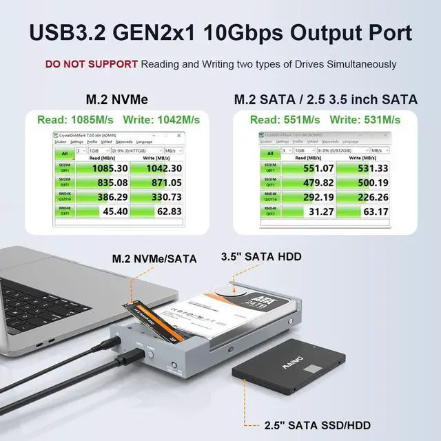 Alt view image 4 of 6 - MAIWO Dual Bay Enclosure for M.2 NVMe SATA SSD and 2.5 3.5 inch SATA SSD HDD, External Hard Drive to USB C Adapter, 10Gbps 32TB CapacityDO NOT Support Clone