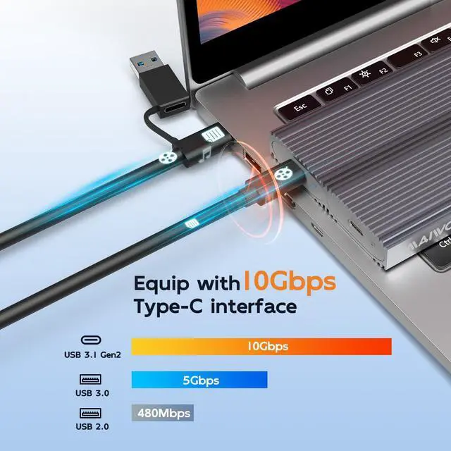 Alt view image 2 of 7 - MAIWO Dual Bay M.2 NVMe SSD Enclosure, USB3.1 GEN2 10Gbps with UASP Trim, Up to 16TB, Tool Free PCIe NVMe SSD Enclosure for 2230/2242/2260/2280mm M Key B+M Key