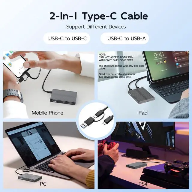 Alt view image 5 of 7 - MAIWO Dual Bay M.2 NVMe SSD Enclosure, USB3.1 GEN2 10Gbps with UASP Trim, Up to 16TB, Tool Free PCIe NVMe SSD Enclosure for 2230/2242/2260/2280mm M Key B+M Key