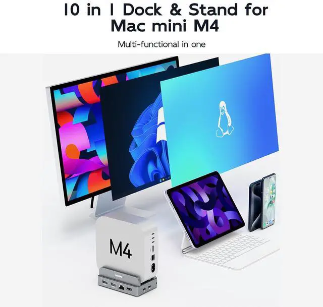 Alt view image 6 of 7 - MAIWO Mac mini M4 Dock & Stand with M.2 SATA NVMe Enclosure, Mac mini M4 Pro Hub with 2xUSBA 3.1, 1xUSBA 2.0, USB C Data Port Up to 10Gbps, RJ45 Gigabit Network Port, HD 4K Port, SD/TF Slot