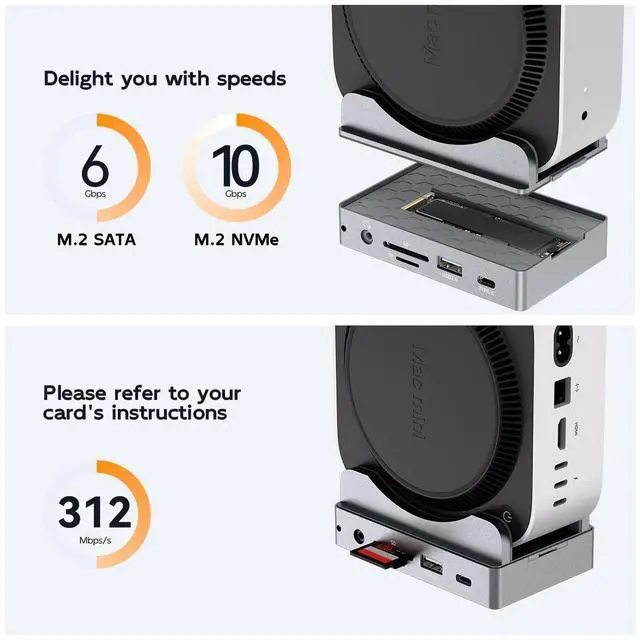 Alt view image 7 of 7 - MAIWO Mac mini M4 Dock & Stand with M.2 SATA NVMe Enclosure, Mac mini M4 Pro Hub with 2xUSBA 3.1, 1xUSBA 2.0, USB C Data Port Up to 10Gbps, RJ45 Gigabit Network Port, HD 4K Port, SD/TF Slot