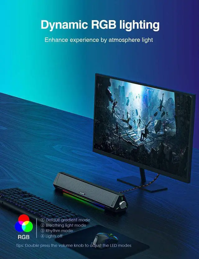 Alt view image 6 of 7 - Computer Speakers, Dynamic RGB Computer Sound Bar, HiFi Stereo Bluetooth 5.0 & 3.5mm Aux-in Connection, USB Powered Computer Speakers for Desktop, Laptop, Tablets