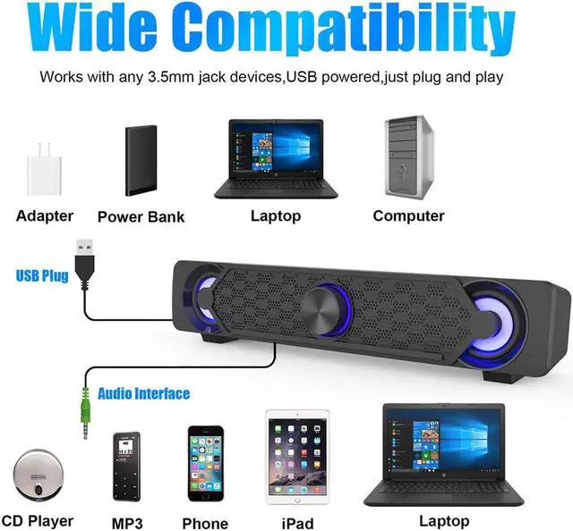 Alt view image 3 of 7 - Computer Speakers,Wired Computer Sound Bar with Multi-Light Modes, Rhythm Speakers Stereo USB Powered Mini Soundbar for PC Tablets Laptop Desktop Projector Cellphone